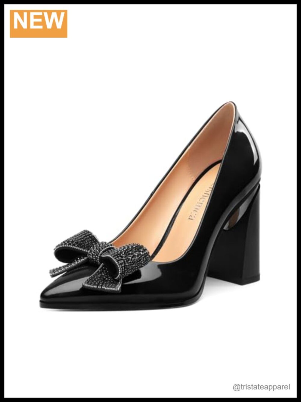 Womens Chunky Block High Heels Patent Pointed Toe Bow Pumps 3.5IN